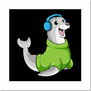 Seal with Sweater and Headphone Posters and Art